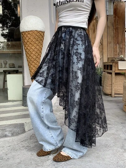 DAZY 女士纯色薄纱蕾丝不对称下摆层叠半身裙