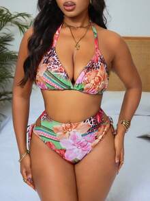 Slaydiva Conjunto de bikini de 3 piezas con estampado halter y chaleco de malla como cubrimiento para mujer talla grande, traje de baño para vacaciones - Multicolor - Ver 4