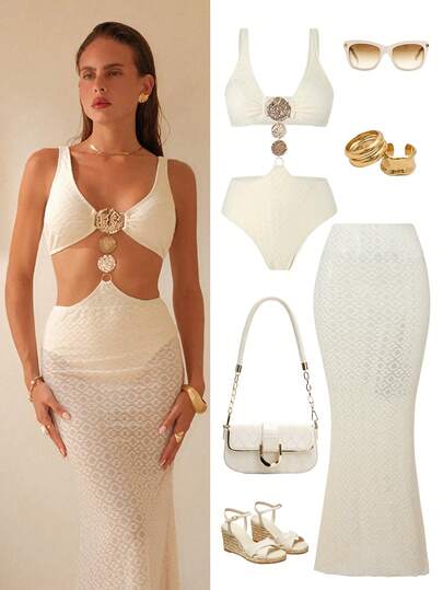 Swim Oasis Conjunto de ropa de playa para mujer, de tela de punto texturizada, con accesorios metálicos, elegante y de alta gama para resort casual y de moda, traje de baño de una pieza con falda