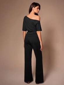 Lazeform Women's Summer Casual Black Loungewear Set,Solid Color Asymmetric Neck Ruched Waist Short Sleeve T-Shirt And Straight Leg Pants Curve Two Piece Set - Black - View 2