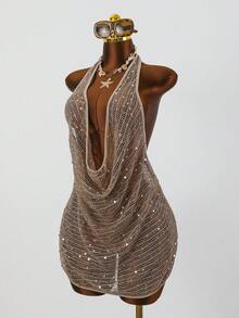 Swim SXY 女士镂空亮片露背吊带休闲沙滩罩衫 - 杏色 - 查看 3