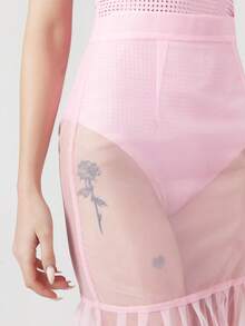 OverBlushhh 女士粉色薄纱中长半身裙，修身褶裥荷叶边裙摆，百搭日常穿着，透视效果，适合派对、生日、婚礼宾客、约会、春季、夏季等场合。 - 粉色 - 查看 6