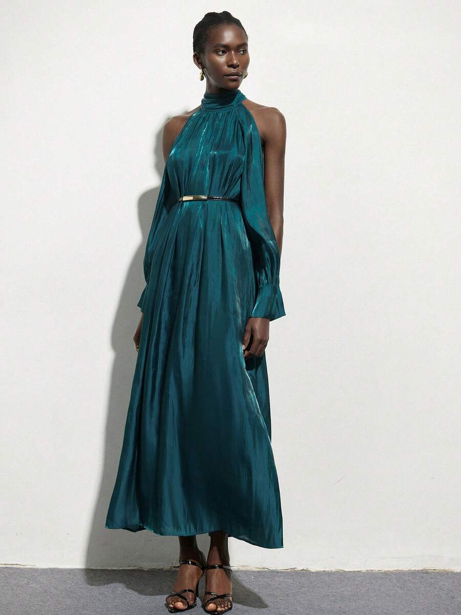 Frievida Đầm dài dáng suông cổ đứng trễ vai chất liệu satin dành cho nữ - Màu xanh lá cây đậm - Xem 1