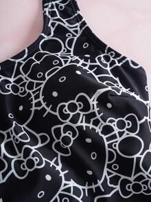 HELLO KITTY AND FRIENDS | SHEIN 女士夏季沙滩度假卡通印花露背连体泳衣 - 黑色 - 查看 10