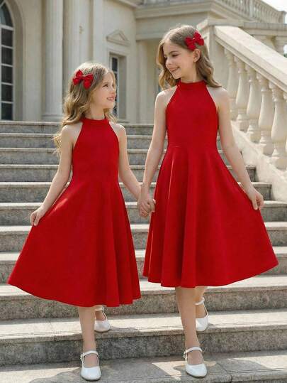 SHEIN 优雅休闲纯红色立领无袖喇叭连衣裙，适合圣诞派对和日常穿着，也可作为母女装。这款连衣裙款式多样，包括红色连衣裙、酒红色连衣裙和少女连衣裙。