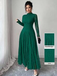 Modelyn 法式高领蕾丝收腰连衣裙（女款） - 墨綠色 - 查看 1