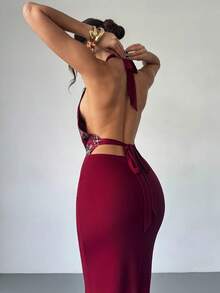 Firerie 女士优雅超长亮片连衣裙 - 酒紅色 - 查看 3