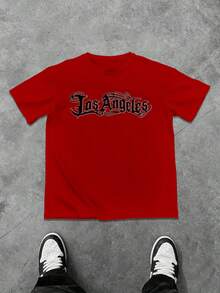 Manfinity LEGND 加大码男士休闲字母图案圆领短袖T恤，夏季 - 紅色 - 查看 5