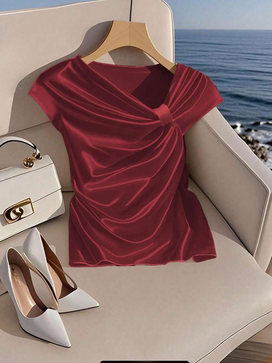 Franclia 女式法式蝴蝶结元素衬衫，女式杏色不对称领衬衫 - 酒紅色 - 查看 1