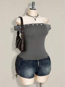 SHEIN ICON Blusa gris con acentos metálicos y hombros descubiertos para mujer de talla grande - Gris - Ver 8