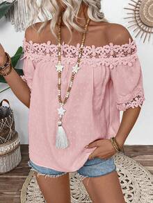 EMERY ROSE Women's Off Shoulder Jacquard Casual Versatile Daily Wear Short Sleeve Blouse - Pink - View 8