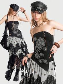 Bloopia 女士针织玫瑰水钻装饰复古性感露脐吊带背心，抽绳不对称修身背心 - 黑色 - 查看 6