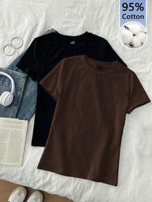 Tseoso 2pcs/Set Casual Minimalist Basic Round Neck Short Sleeve Undershirt, Black & Dark Brown, Spring/Summer - Multicolor - View 10