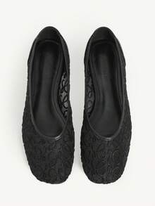 CUCCOO CHICEST 黑色网面花朵方头平底鞋，舒适柔软，简约百搭，适合通勤穿着。 - 靜夜黑色2 - 查看 8