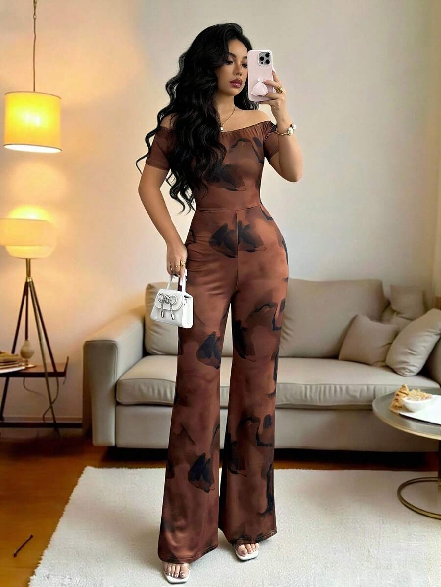 Rafferiza Women's Elegant Niche Coffee Brown Tie Dye Print Elastic Off-Shoulder Cinched Waist Bodycon Short Sleeve Jumpsuit - Coffee Brown - View 1
