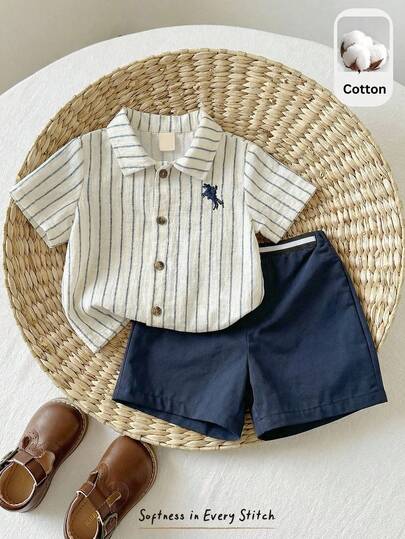 Cozy Pixies Baby Boy Blue & White Striped Collar Short Sleeve Horse Embroidery Shirt With Elastic Waist Shorts 2-Piece Set, Suitable For Spring/Summer Occasions Like Birthday Party, Christening, 1st Birthday Celebration, Gala, Performance, Wedding As Elegant, Wedding Guest, Pageboy, Ring Boy Boys Vacation Outfit Sets Babyboy Beach Outfit Dressy Baby Boy Shirt And Short Set Toddler Boy Linen Set Boy Summer Outfit Set