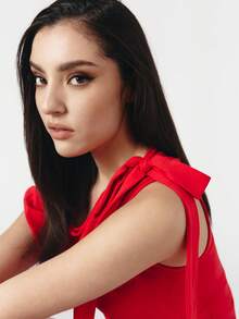 OverBlushhh 女士红色单肩不对称褶皱修身弹力背心，性感Y2K风格，适合派对、节日穿着，肩部饰有蝴蝶结，春夏季节皆宜。 - 紅色 - 查看 6