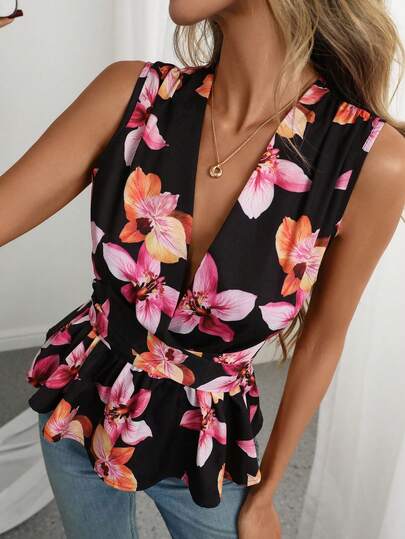 Rafferiza Elegant Slimming Floral Print V-Neck Sleeveless Top, Romantic Holiday Floral Waist Tie Bow Blouse For Women, Spring/Summer New Arrival