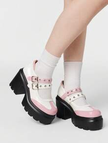 ROMWE Kawaii 女士高跟鞋 Diablo 摇滚朋克哥特风鞋 闭趾玛丽珍小号皮鞋 粗跟 Brock Y2K 派对礼服鞋 - 粉色 - 查看 5