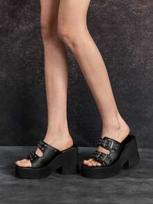 Sugerpunk 女士高跟凉鞋~ 夏季欧美新款柳条钉扣时尚厚底外穿半拖鞋深色PU凉鞋 - 黑色 - 查看 4