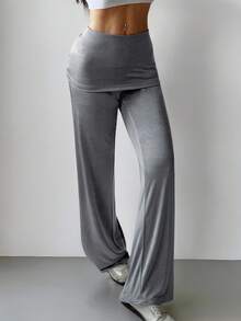 SHEIN EZwear Women's Casual Folding Waist Grey Knit Wide Leg Pants Grey Pants Flared Sweatpants Grey Fold Over Pants - Grey - View 2