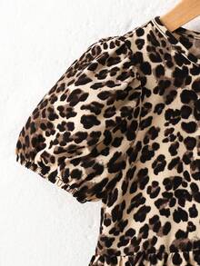 女童雪纺豹纹圆领花瓣袖修身休闲衬衫 - 彩色 - 查看 3