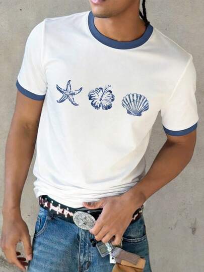 STEELVANCE 男士休闲拼接T恤，饰有贝壳、海星和芙蓉花图案，适合夏季外出穿着。