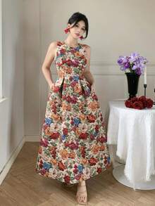 DAZY Women's Elegant Floral Print Round Neck Sleeveless Mid-Length Dress, Summer,Wedding Guest Dress Women Sundress Boho - Red - View 11