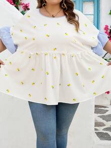 SHEIN CURVE+ Curve 尺码 US22 音乐节、海滨度假、波西米亚风女士休闲度假条纹V领拼接柠檬印花A-List Doll衬衫 - 彩色 - 查看 6