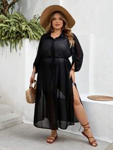 SHEIN CURVE+ Curve 尺码 US22 音乐节、海滨度假、波西米亚风女士黑色长款开衫，纽扣开衫，黑色长款开衫，沙滩度假 - 黑色 - 查看 8