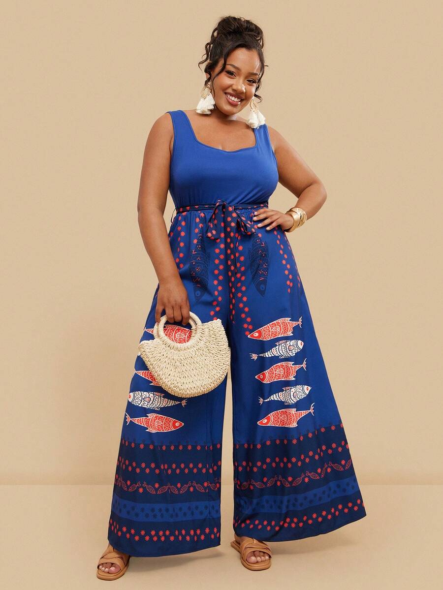 Travachic 大码休闲鱼纹无袖连体裤 - 藏蓝色 - 查看 1