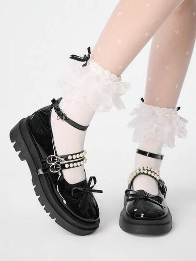 ROMWE Kawaii Women's Fashion Faux Pearl Decor Buckle Design Casual Thick Bottom Platform Shoes