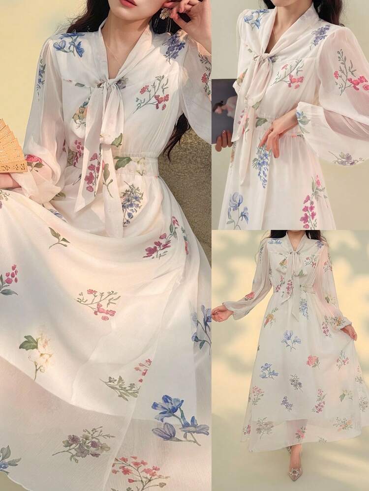 Women's Elegant Floral Print Midi Dress With Tie Collar, Spring/Summer Wedding Guest Dress Sundress
