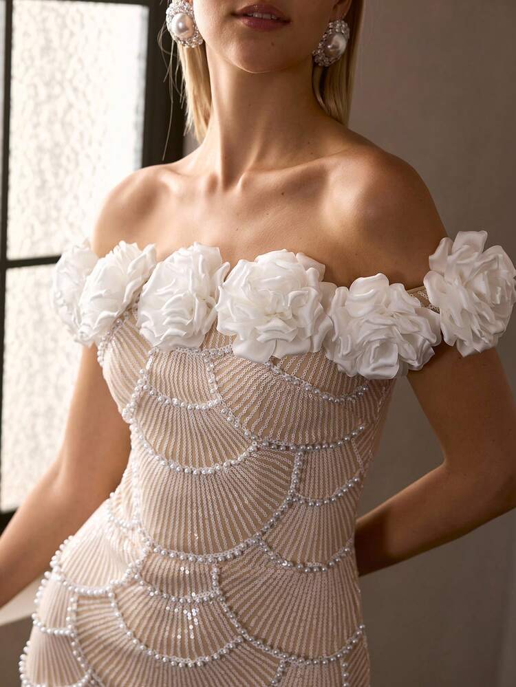 MOTF Soiréza ELEGANT OFF-SHOULDER MAXI PARTY DRESS FOR WOMEN, SPARKLY SEQUIN & BEADED FABRIC, 3D FLORAL APPLIQUES NECKLINE & FAUX PEARLS DECORATION DRESS, PERFECT FOR WEDDINGS, AWARD CEREMONIES & PARTIES EVENTS NEW YEAR OUTFIT, GALA DINNERS, BLACK-TIE WEDDINGS VALENTINE'S DAY PARTY OUTFITS