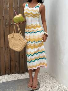 Selianne Spring/Summer Casual Vacation Style Round Neck Sleeveless Fitted Knit Tank Dress For Women - Multicolor - View 4