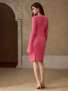 MOTF PREMIUM WOMEN'S SOLID COLOR FLARE SLEEVE FITTED OPEN KNIT SWEATER DRESS - Hot Pink - View 3