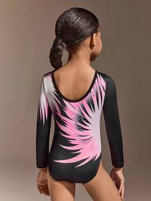 1pc Girls' Gymnastics Leotard, Long Sleeve Digital Print Cute Activewear Bodysuit, Stretchy Black Dancewear - Burgundy - View 2