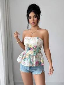 Elenzga 女士无肩带公主线收腰数码印花仿亚麻镂空刺绣精致设计A字优雅度假性感百搭扎染花卉彩色露脐上衣，女士衬衫 - 彩色 - 查看 4