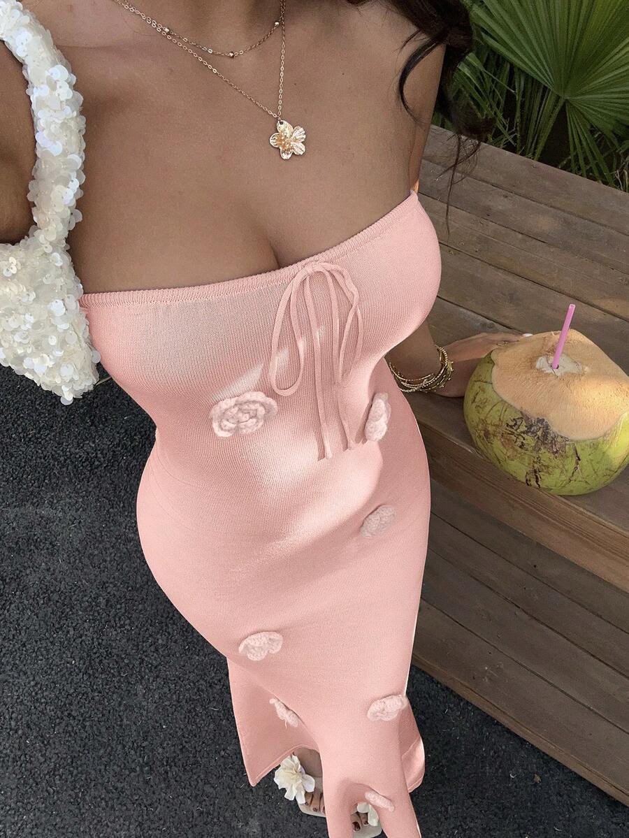 Sunnyshic 女士性感度假连衣裙，3D立体花卉设计，时尚休闲沙滩裙，夏季无肩带系带鱼尾裙摆，优雅派对装扮 - 粉色 - 查看 1