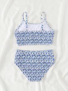 SHEIN 少女比基尼套装，可爱碎花印花，可调节肩带，两件式泳衣，适合夏季度假、海滩、游泳池、假日派对。款式简约的两件式泳衣，比基尼套装，两件式泳衣，度假两件套，女孩夏季套装，女孩沙滩套装，夏季女孩套装，沙滩装，女士夏季套装，高腰比基尼套装，少女两件式碎花比基尼套装，蓝色两件式套装 - 藍色 - 查看 2