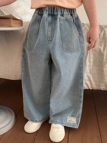 DAZY Quần jeans ống rộng thoải mái có túi, cạp chun co giãn dành cho nữ - Rửa nhẹ - Xem 4
