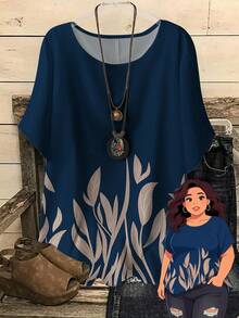 Rusticease Plus Size Women's Retro Country Leaf Pattern Positioning Print Crew Neck Raglan Sleeves Loose Shirt,Summer Outfits For Women Chic Blouses For Women,Flower/Vacation/Spring - Multicolor - View 1