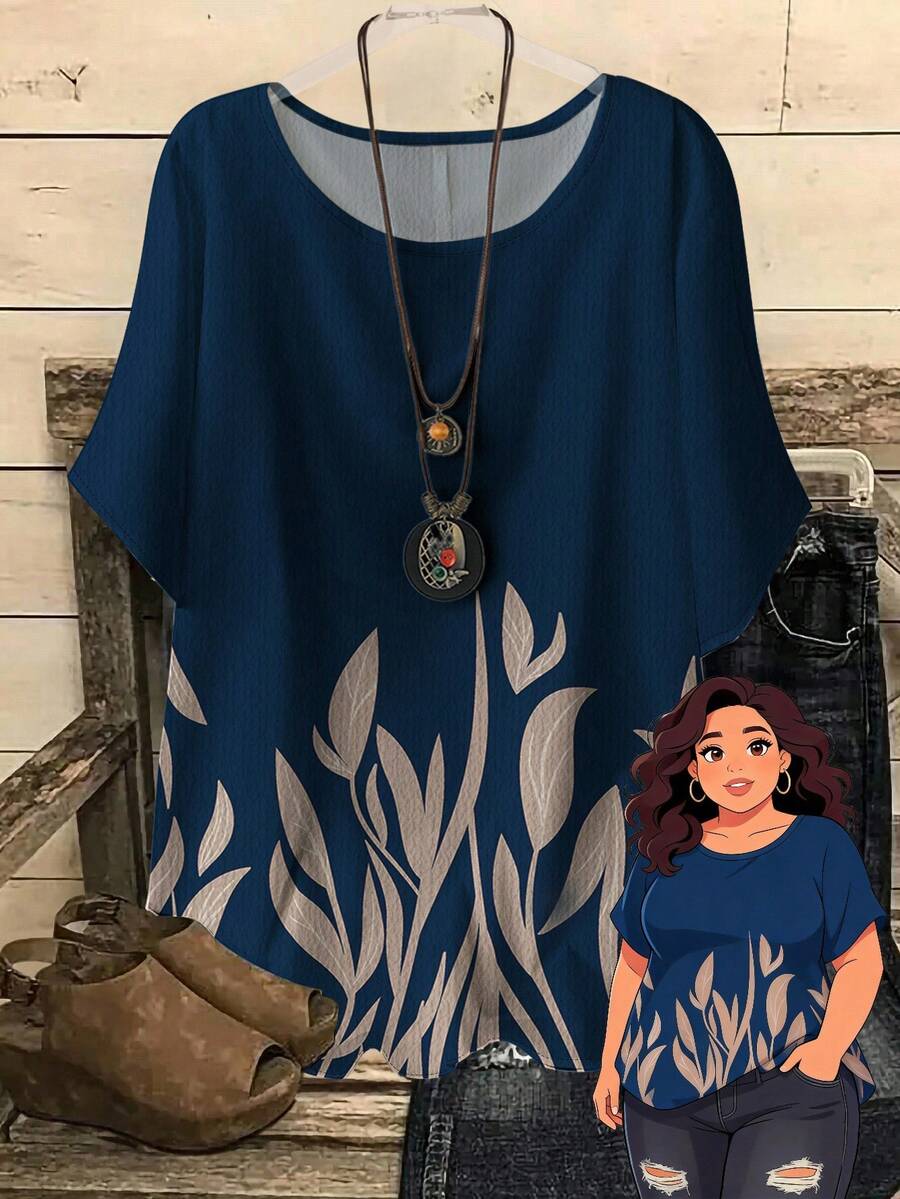 Rusticease Plus Size Women's Retro Country Leaf Pattern Positioning Print Crew Neck Raglan Sleeves Loose Shirt,Summer Outfits For Women Chic Blouses For Women,Flower/Vacation/Spring - Multicolor - View 1