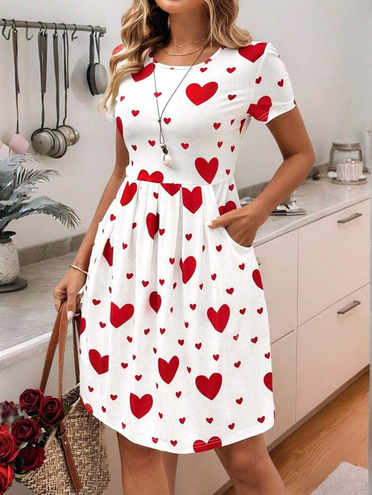 Valentine's Day Heart Print Women's Round-Neck Short-Sleeve Military Green Mid-Length Dress For The Summer