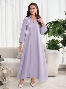 Al Najma Women's Elegant 3D Floral Decor Long Sleeve Arabic Style Dress - Purple - View 5