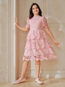 Anewsta Girls' Lace Cake Dress, Long Sleeve Pink Summer Dress For Toddler & Big Tween Girl - Pink - View 5