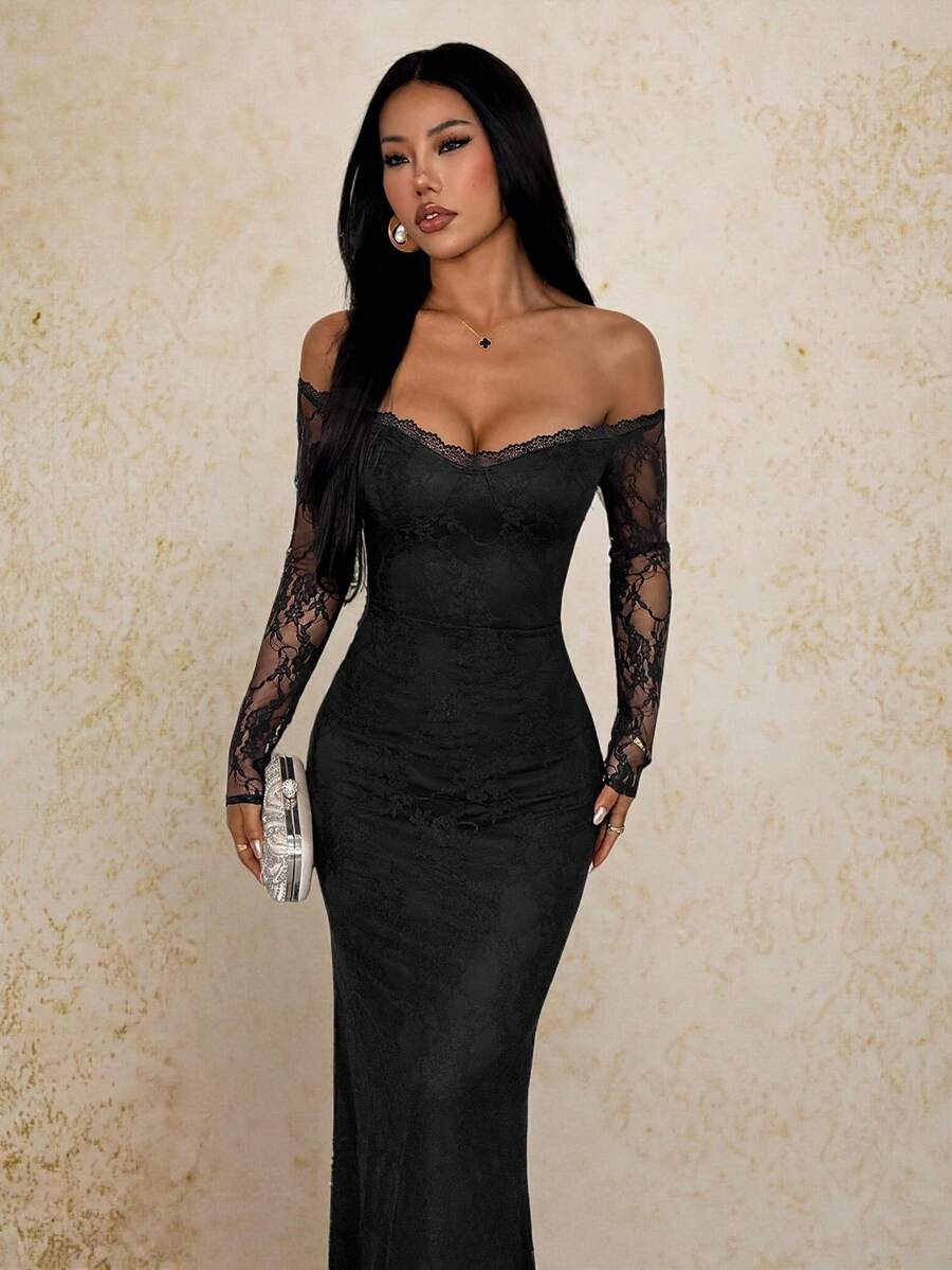 SHEIN PETITE 女士纯黑色蕾丝单肩修身鱼尾约会派对连衣裙 - 黑色 - 查看 1