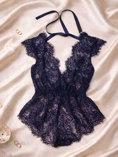 Pijama para dormir, conjunto de vestido de encaje y transparente para mujeres de talla grande