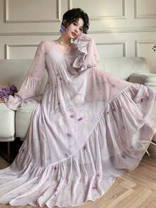 DAZY 印花V领荷叶边喇叭袖优雅夏季连衣裙，女士吊带裙 - 粉色 - 查看 8