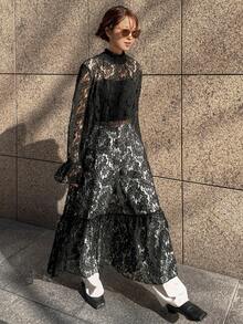 FRIFUL Women's Solid Black Sheer Lace Fabric Layered Flared Loose Casual Dress Sundress - Black - View 7